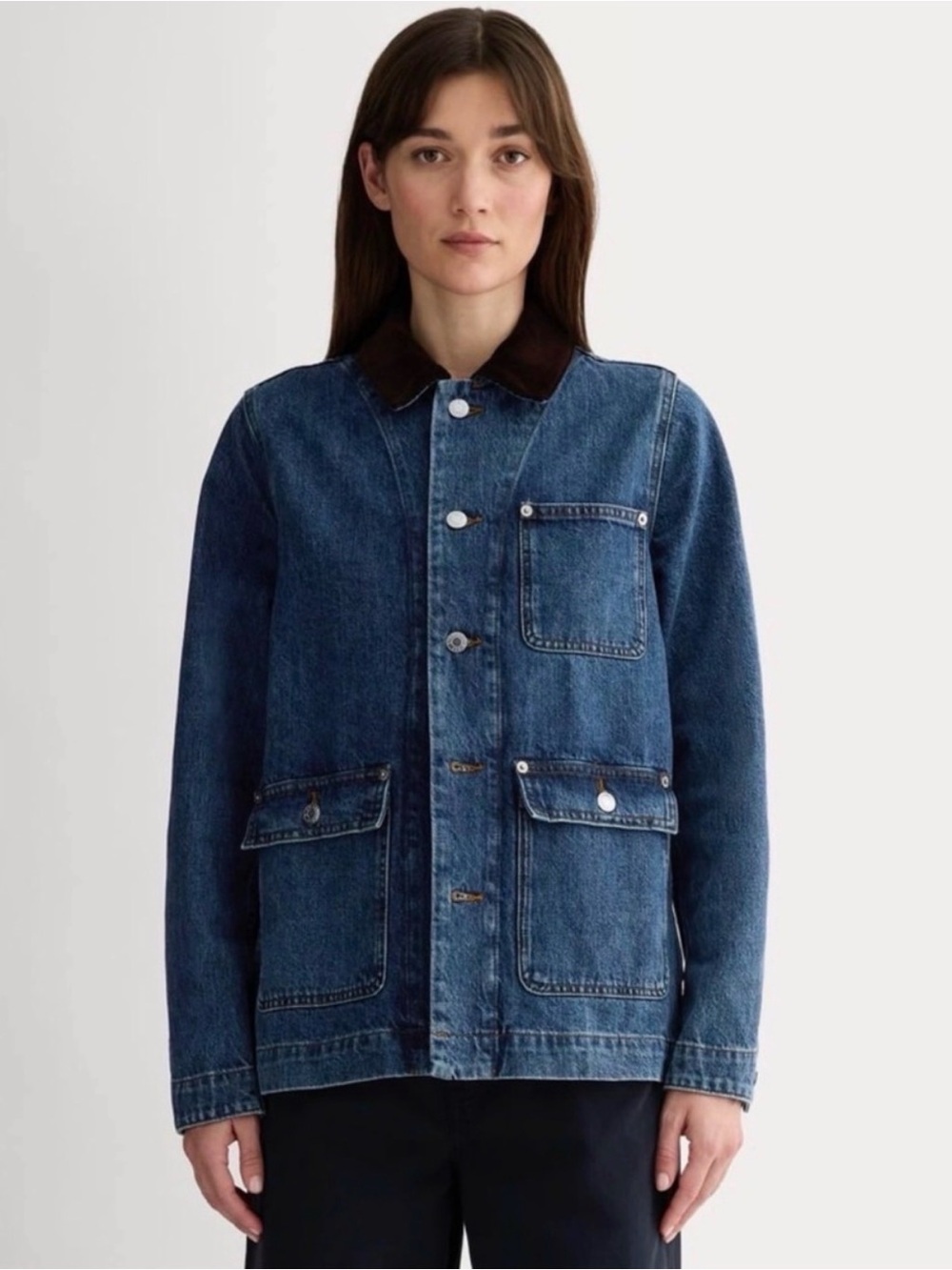 Everlane Blue Denim Work Jacket with Brown Corduroy Collar
